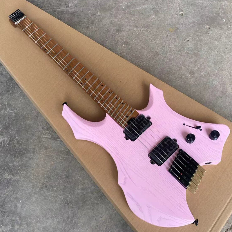 Acepro różowa gitara elektryczna bez głowy, popielnik, Jumbo ze stali nierdzewnej ukośne progi, wzmocnienie w szyi