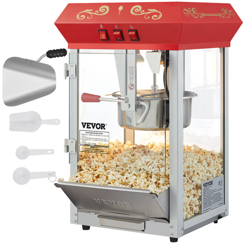 Vevor Commerciële Popcornmachine, 8/12 Oz Ketel, Aanrecht Popcorn Maker ,Theater Stijl Popper Met 3-Switch Control, Rood