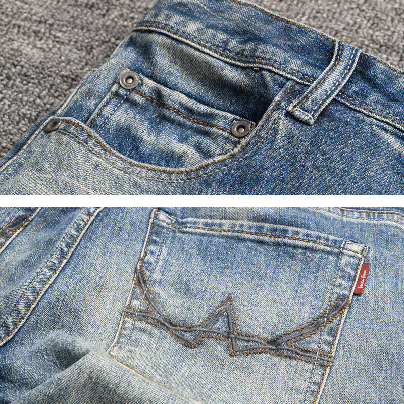 بنطلون جينز رجالي موضة إيطالية عالية الجودة بتصميم عتيق باللون الأزرق بتصميم ضيق وممزق من الجينز للرجال بنطلون جينز بتصميم عتيق من قماش الدنيم