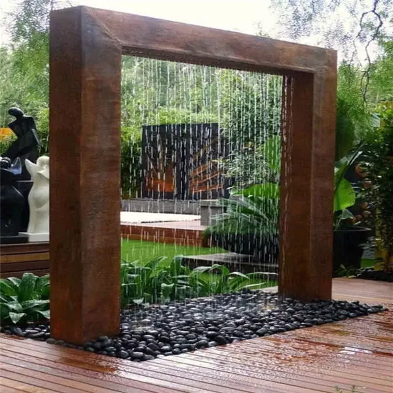 Dekorasi taman luar ruangan Modern, patung air terjun Stainless Steel logam melengkung