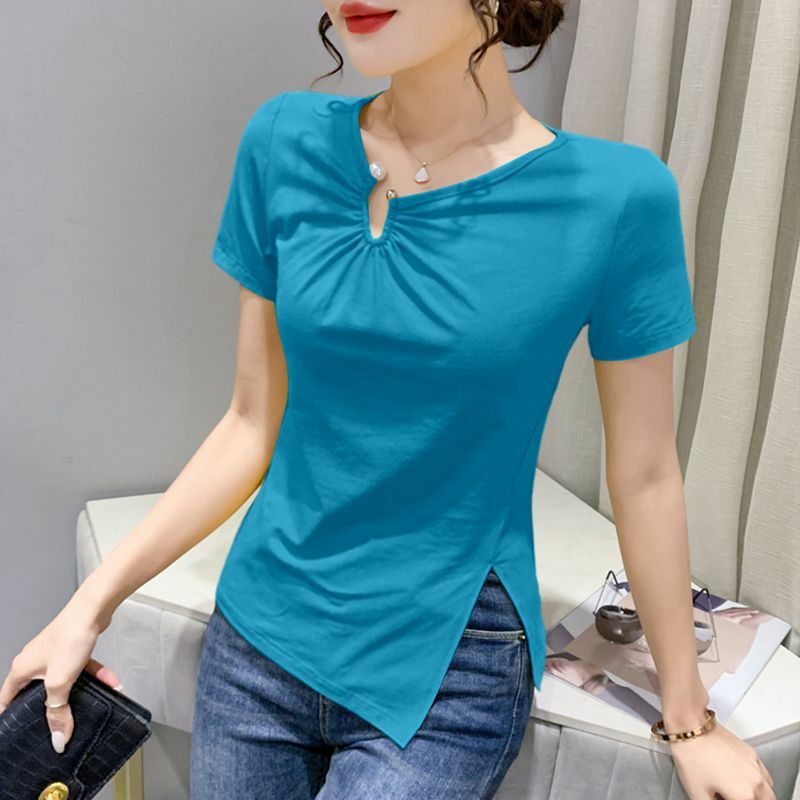 Camisetas irregulares con pliegues de Color sólido y cuello en V para mujer, ropa informal holgada, camiseta asimétrica 2024