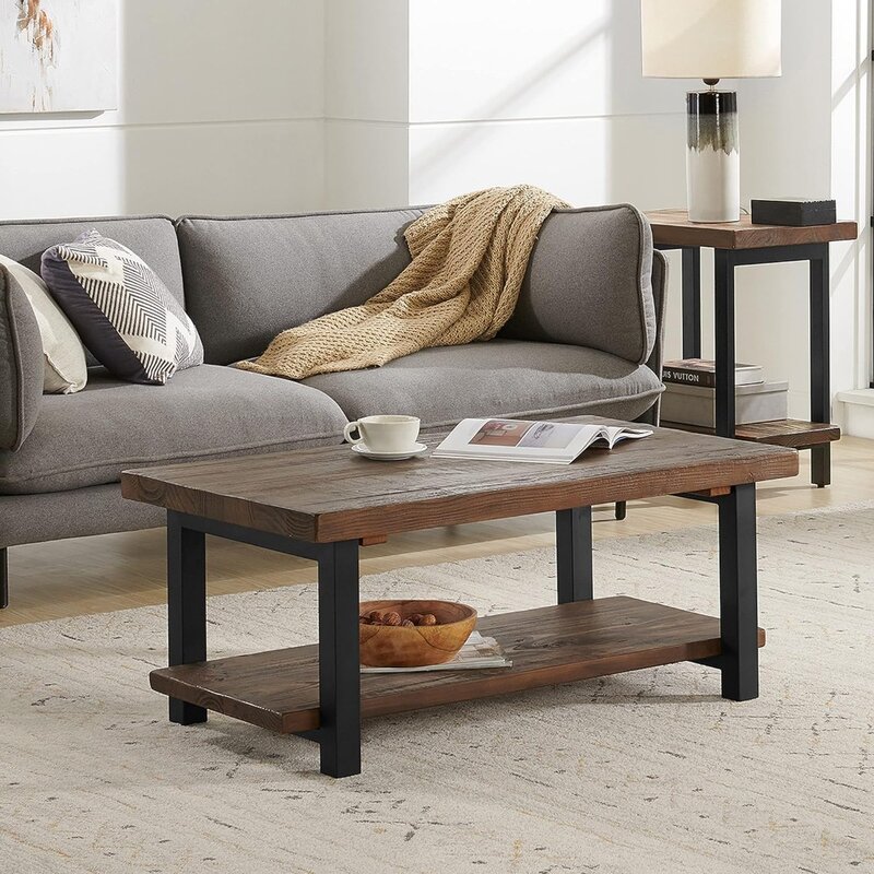 Pomona-mesa de centro de Metal y madera maciza, mueble rústico, Industrial, moderno, de fácil montaje, color marrón, 42x24x18 pulgadas