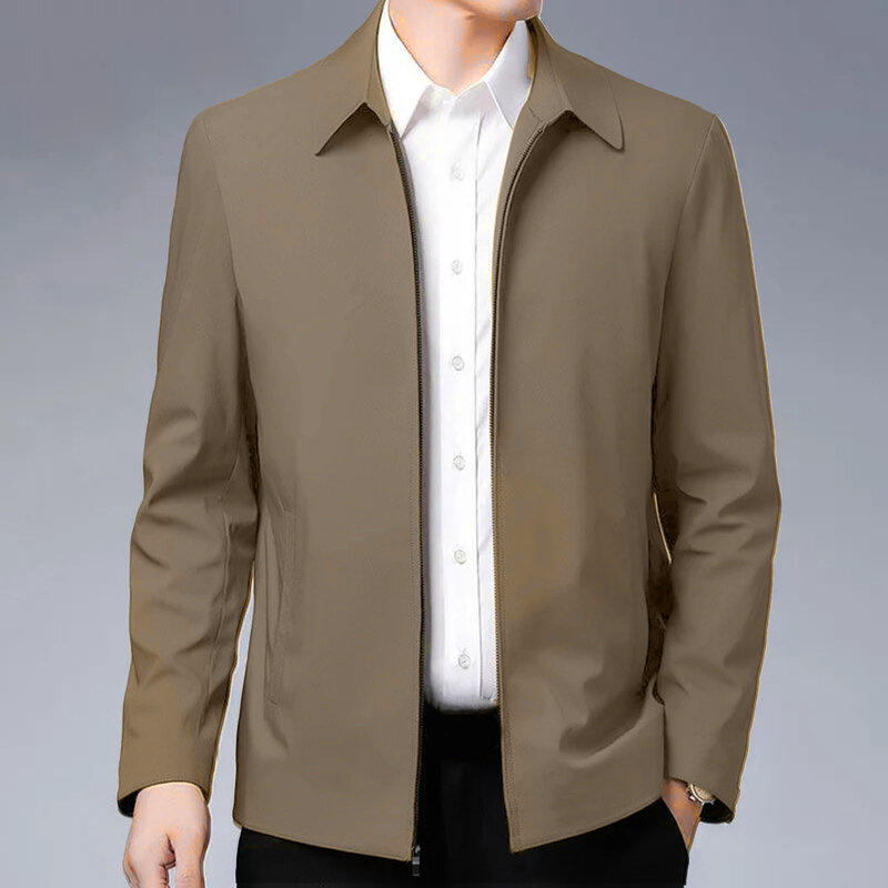 Men Jacket Elegant Mid-aged Men's Lapel Jacket with Zipper Closure Pockets for Formal Business or Casual Wear in Spring Fall