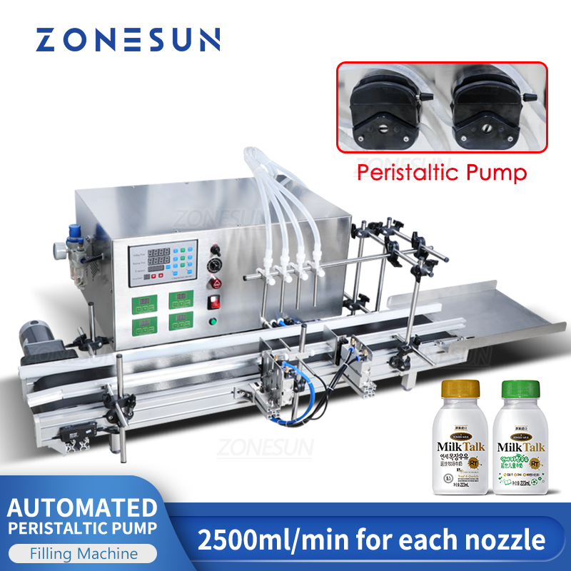 ZONESUN-Machine de remplissage automatique de bureau, pompe péristaltique CNC, liquide avec convoyeur, bouteille de parfum, eau, machine de remplissage exécutive