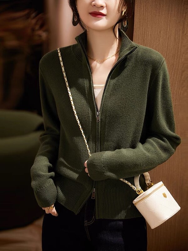High Necked Imitation Wool Cardigan Women's Spring Autumn Coat Zippered Solid Color French Fashionable Knit Sweater Jacket Top