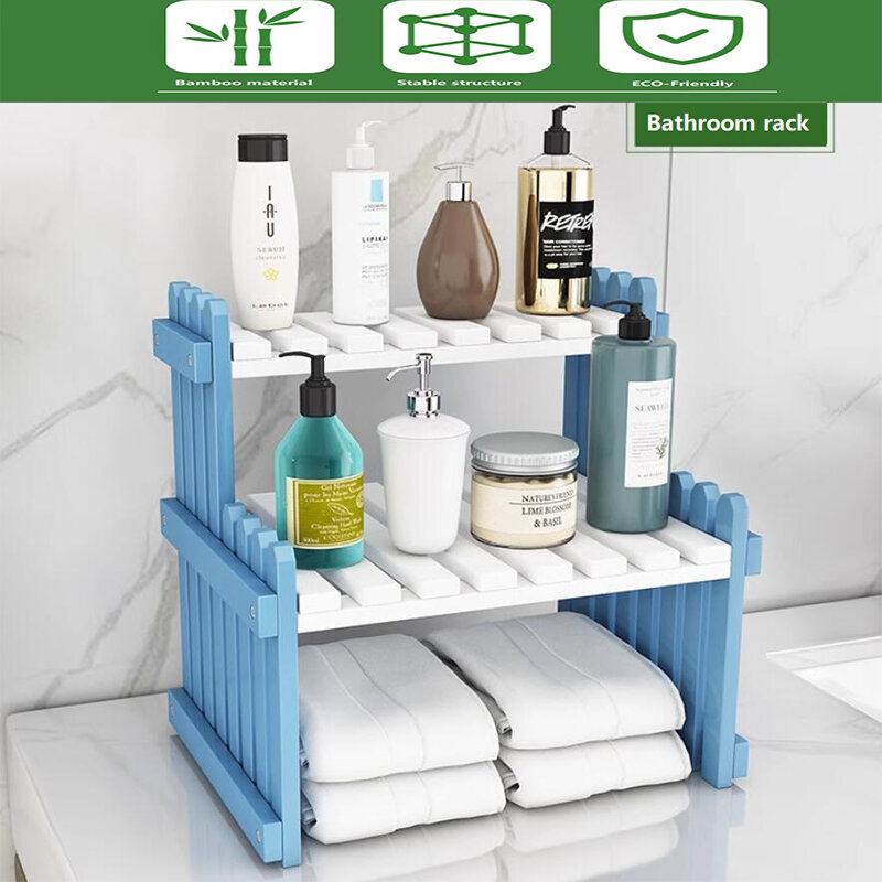 Scaffali portaoggetti a 2 strati per cucina bagno soggiorno balcone mensole bianche blu recinzione portatile in bambù ecologico