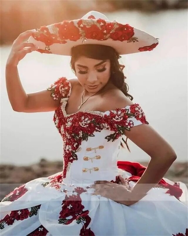 Vestido de baile princesa Quinceanera, Vermelho, Branco, Fora do ombro Apliques de Organza, Doce 16 Vestidos, 15 Anos Mexicano
