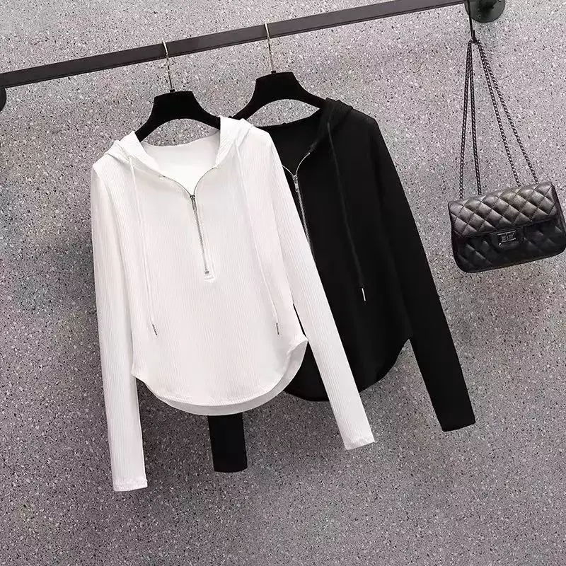 Autumn ins hooded long-sleeved blouse female 2023 autumn new slim and versatile loose semi-zipper women's sweater