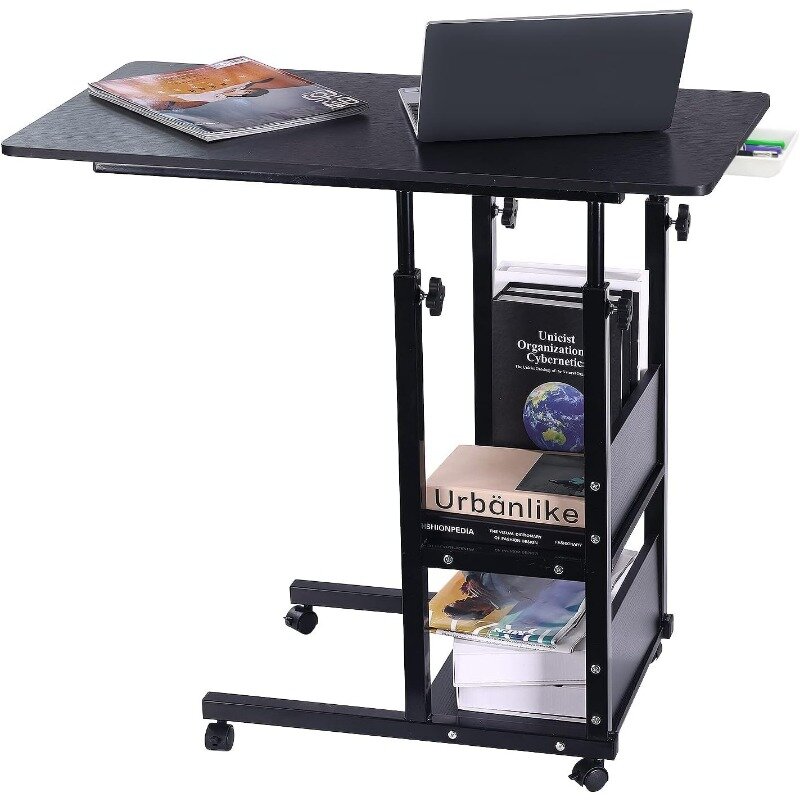 Home Office Desk com gaveta, mesa permanente, altura ajustável, suporte móvel do computador, 4 rodas