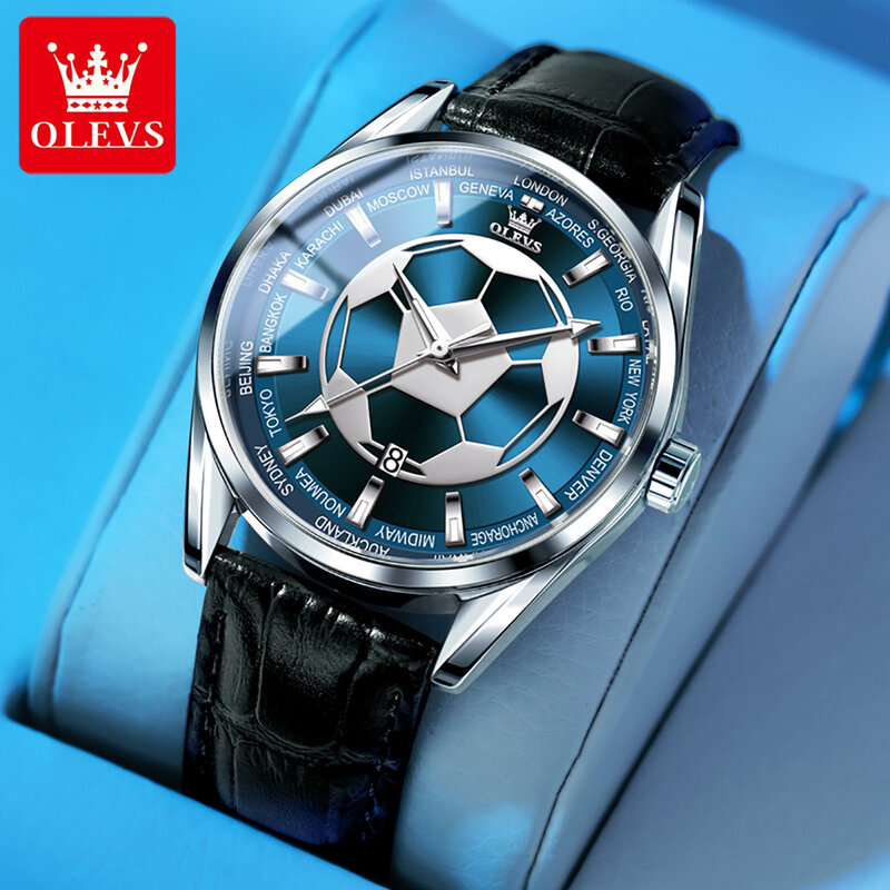 OLEVS 브랜드 패션 축구 다이얼 디자인 남성용 블루 쿼츠 시계, 럭셔리 가죽 스트랩, 방수 야광 날짜 남자 시계