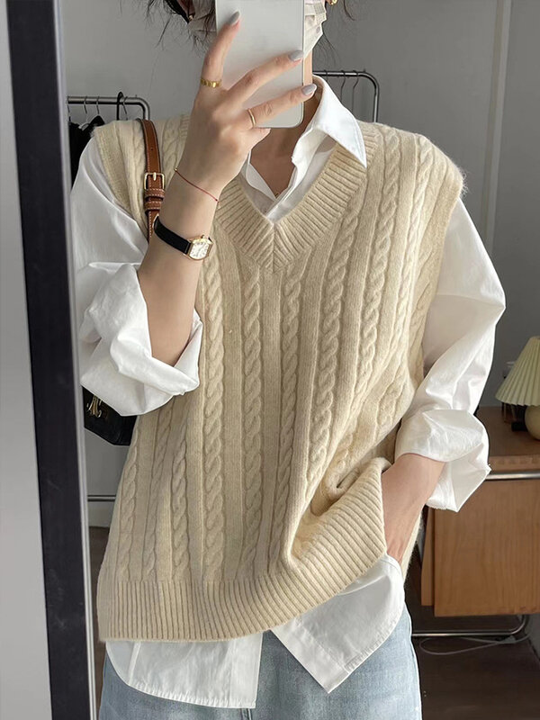 Knitted Vest Women Spring Autumn Vintage Casual Preppy Style Sleeveless Sweater Female Korean Fashion Loose All-match Waistcoat