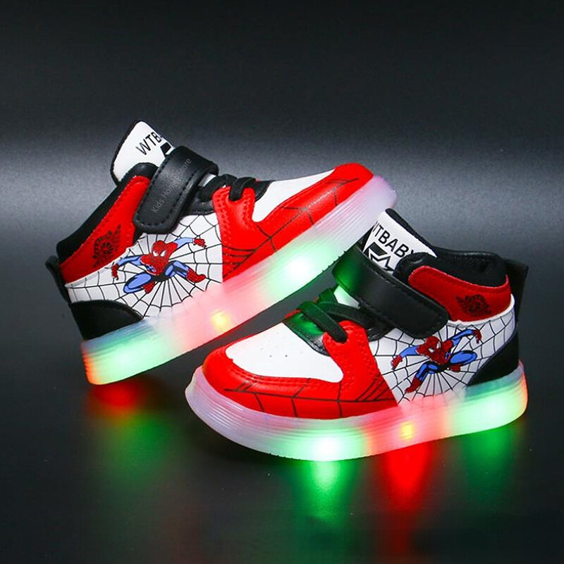 Zapatos con luz LED para niños y niñas, zapatillas deportivas con luz LED de Spiderman, de malla
