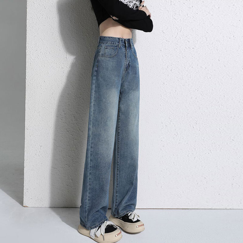 Vintage blue wide-legged jeans female spring 2024 new explosive high-waisted straight loose small drag pants