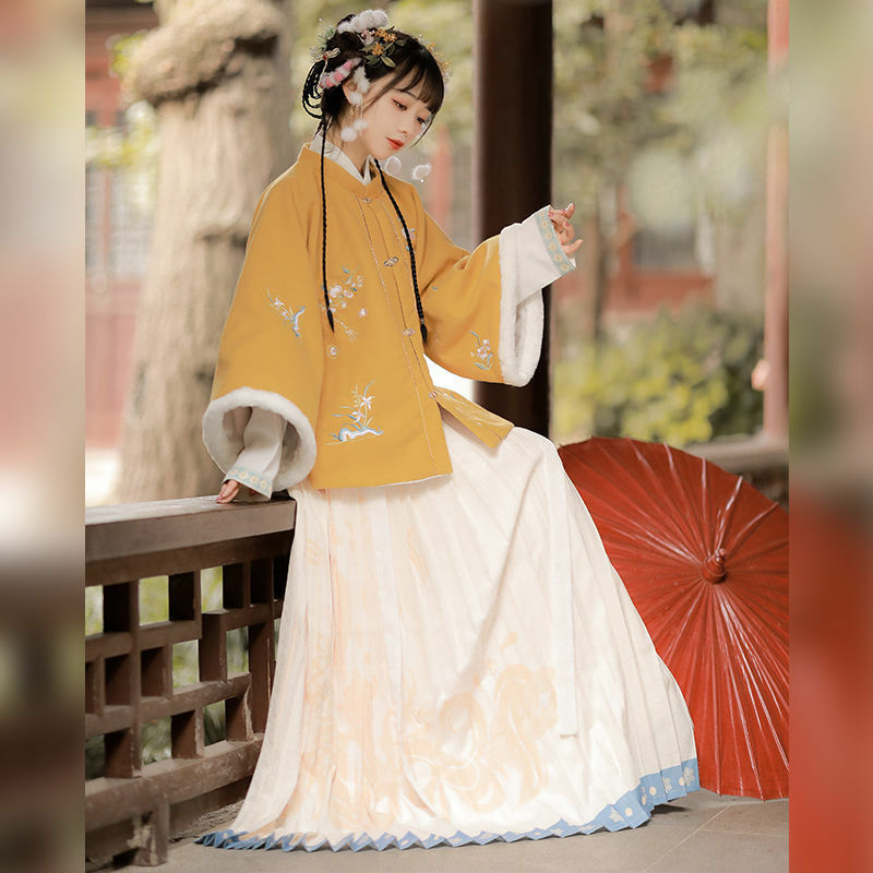 중국 전통 명나라 한푸 여성 꽃 자수 의류 세트, 소녀 새해 요정 드레스, 2023 가을 겨울