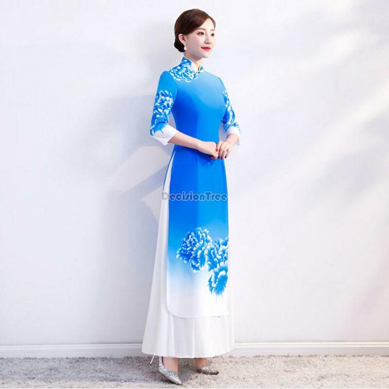 2023 베트남 aodai 치파오 드레스 및 바지 세트, 전통적인 우아한 꽃 프린트, 치파오 파티 드레스, 우아한 가운, vestido a101