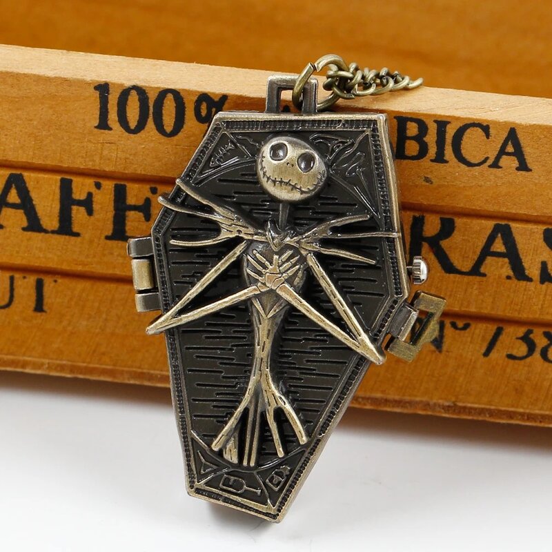 Skellington reloj de bolsillo de cuarzo con diseño de zombi, reloj de bolsillo de esqueleto de cuarzo, cadena FOB, reloj de collar antiguo, regalo de Navidad