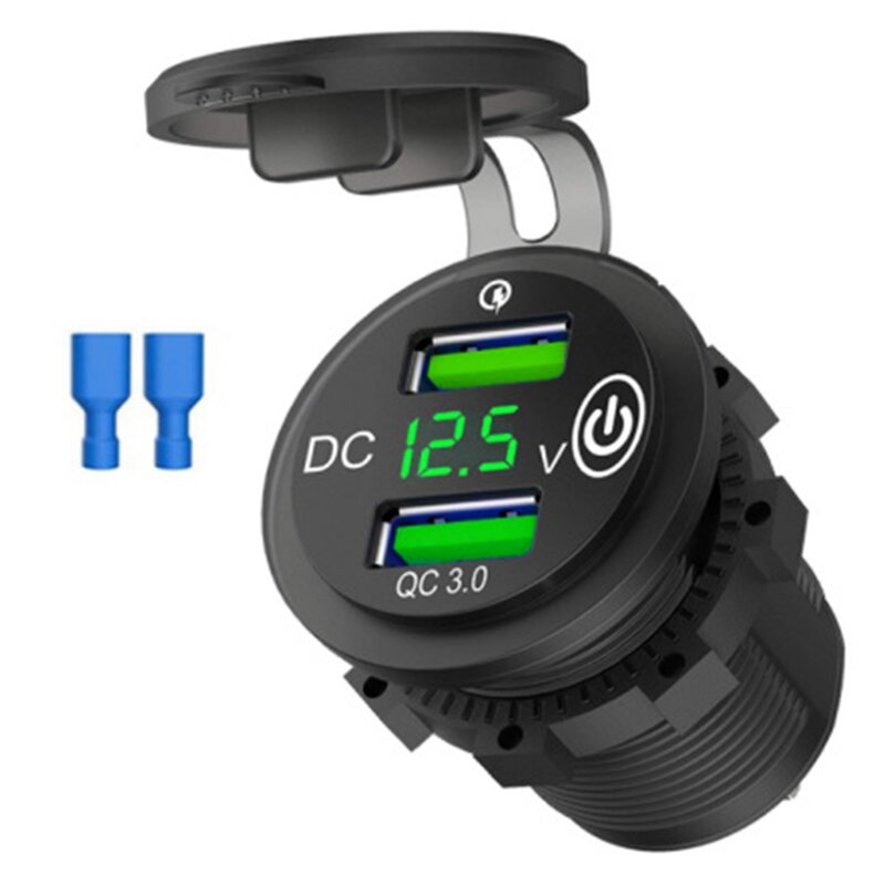 Dual QC3.0 Port Quick Charge USB Car Charger Socket 12V/24V Car Adaptor with LED Digital Voltmeter Touch Switch