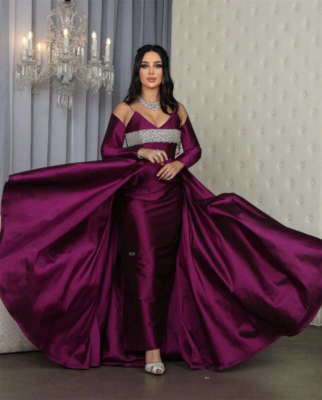 2024 Fashion Sheath Prom Dresses Off the Shoulder Long Sleeve Belt Formal Evening Gowns Spaghetti Strap Ankle Length Party Gown