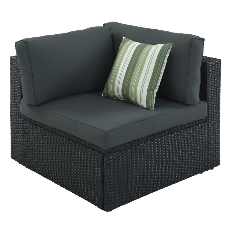 7Pcs Outdoor Wicker Sofa Set Rattan Sofa Lounger W/Striped Green Pillows  Conversation Sofa For Patio Garden Deck Black Wicker