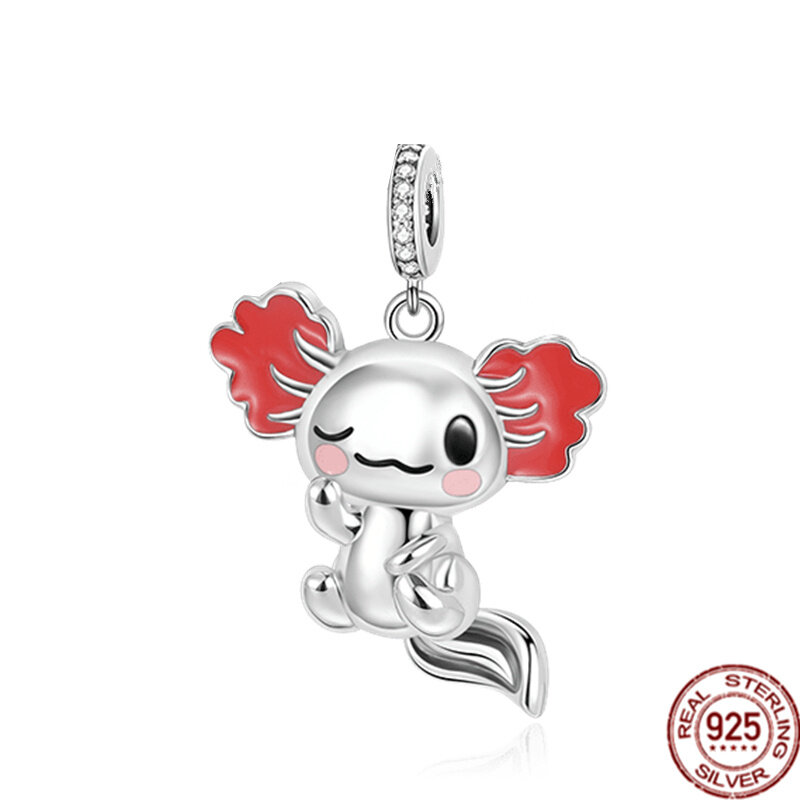 Hot Sale Original 925 Sterling Silver Mexican Axolotl Embraces Heart Gemstone Dangle Charm Bead Fit Pandora Bracelet DIY Jewelry