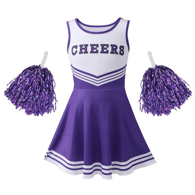 Girls Cheerleader Costume Dress Pompoms Outfit Purim Schoolgirl Cheer Stage Performance Cheerleading Uniform