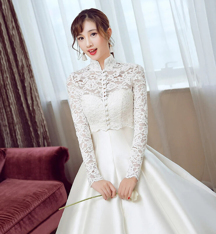 High Neck Lace Wedding Dress Jacket Capes Full Sleeve Bridal Bolero Cloak Evening Wrap Shrug Shawl Cover Up with Collar Buttons