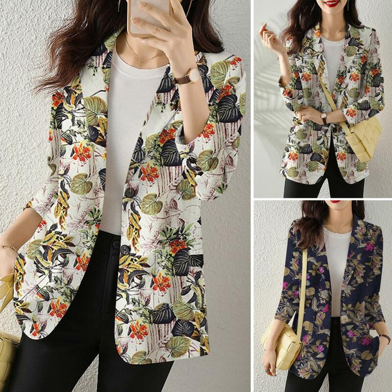 Casaco de lapela estampado floral feminino, manga comprida, único botão fechamento bolsos, elegante vestuário de trabalho, Casacos