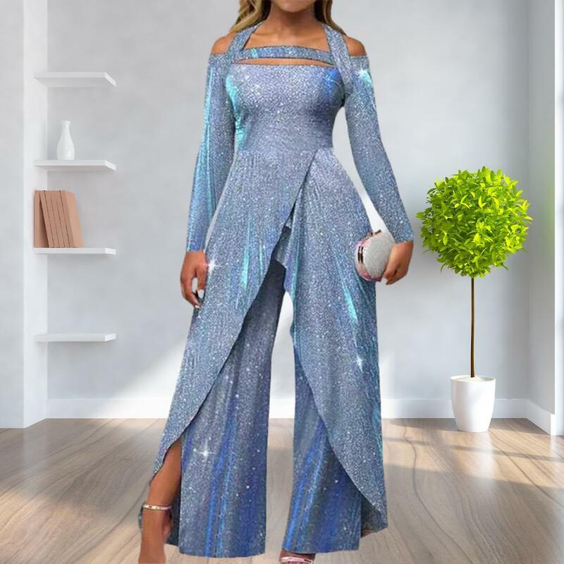 Women Jumpsuit Hollow Out Shiny Sequin Tight Mid Waist Casual Wide Leg Pant Long Sleeve Split Irregular Lady Party Prom Jumpsuit