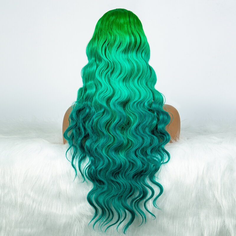 Wig hijau Ombre, wig bagian tengah untuk wanita, rambut palsu panjang bergelombang keriting, wig akar hijau untuk wanita, penggunaan pesta Cosplay harian