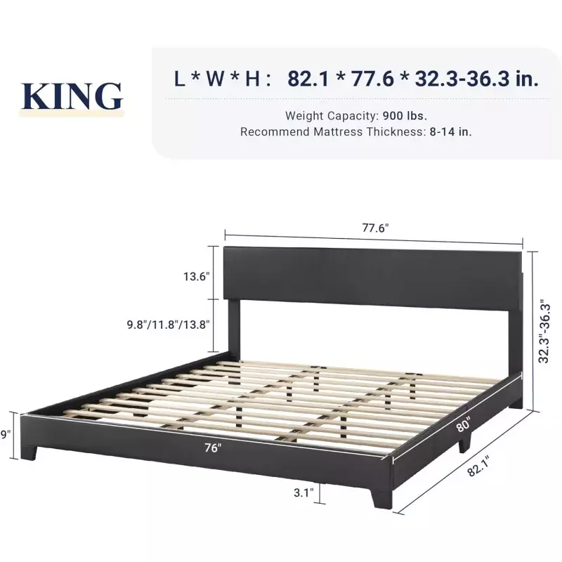Allewie-Marco de cama tamaño King con cabecero ajustable, cama de plataforma de piel sintética con listones de madera, base de colchón resistente