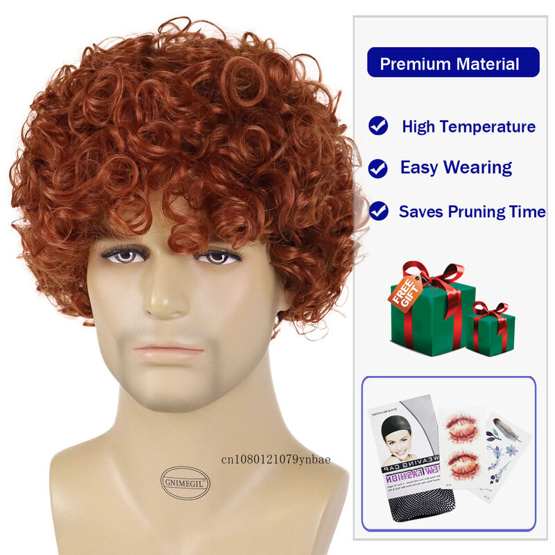 Asian Wigs for Men Synthetic Hair Curly Wig with Bangs Orange Color Afro Curly Wigs for Boys Cosplay Carnival Party Wig Costume