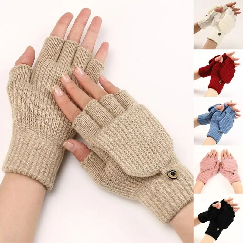 1 Pair Exposed Finger Windproof Solid Color Warm Gloves Half Finger Gloves Knitting Mitten Touch Screen Gloves