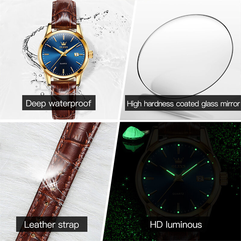 OLEVS Fashion Blue Quartz Watch for Women Leather Waterproof Luminous Hands Calendar Womens Watches Top Brand Luxury Wristwatch