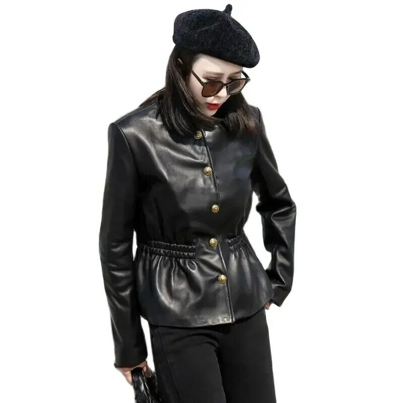 Fashion Short Women Motorcycle Coat Round Neck Slim Elastic Waist PU Leather Jacket 2024 New Spring Autumn Coat Outerwear Female