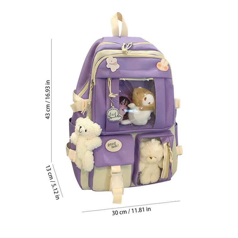 Cute Kawaii Backpack For School 5pcs/set Canvas School Backpack Kawaii Middle Student Bookbag With Cute Pins And Pendants For