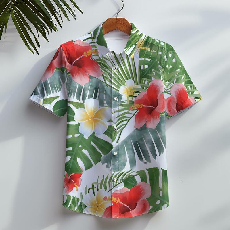メンズカジュアルハワイアンTシャツ,半袖ボタンダウンシャツ,トロピカルリーフフローラルプリント3D夏服