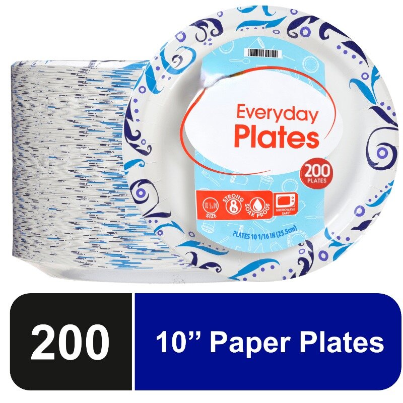 (2 pack) Great Value Everyday Strong, Soak Proof, Microwave Safe, Disposable Paper Plates, 10 in, Patterned, 100 Count