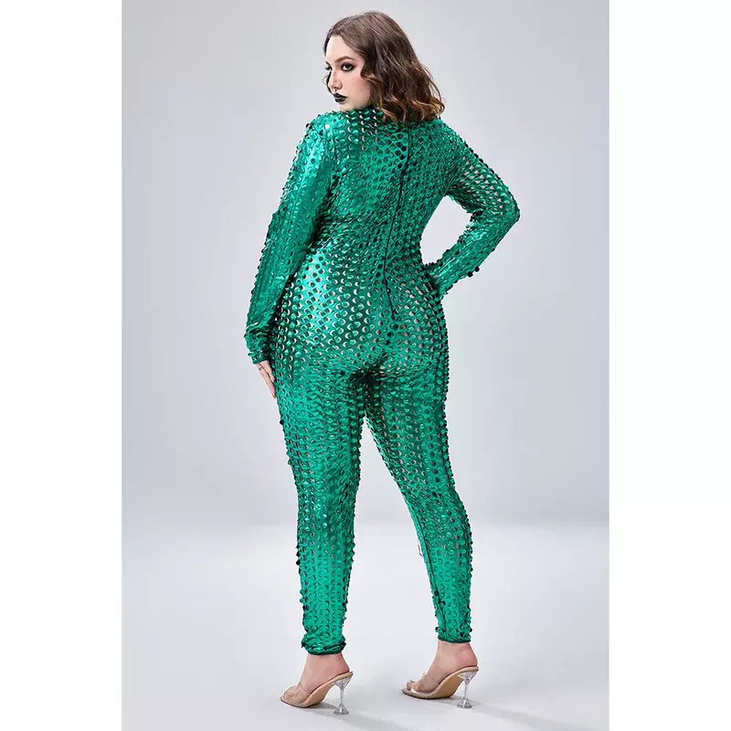 Plus Size Casual Halloween Costume Green Metallic Long Sleeve Jumpsuit