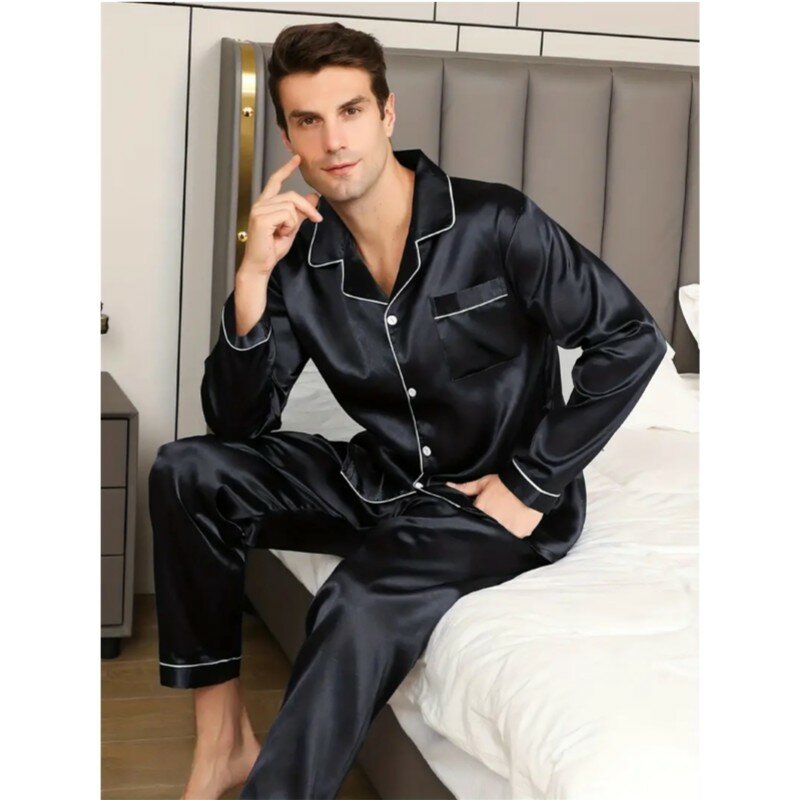 Новинка, мужской пижамный комплект, шелковая атласная одежда для сна, мужская рубашка, пижама с длинным рукавом, Мужская модная мягкая одежда для отдыха, большой размер