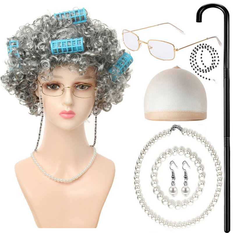 Набор из 9 предметов, парик на Хэллоуин для пожилых женщин, женские короткие вьющиеся волосы, женские серебристые и белые волосы для выступления, накидка на голову для пожилых бабушек
