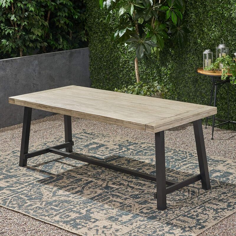 GDFStudio Beau Outdoor Eight Seater Iron Dining Table, Light Gray and Black Finish