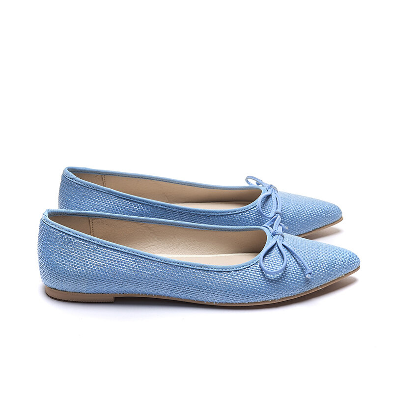 Zapatos planos puntiagudos para mujer, arpillera azul, dorado, plateado, cuero clásico, nuevo diseño con lazo, informal, primavera y verano
