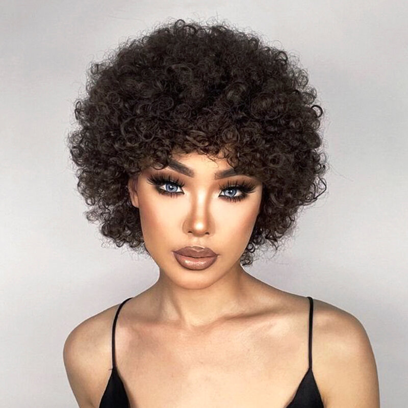 Brazilian Glueless Short Afro Curly Bob Human Hair Wigs With Bangs For Women Remy Hair Wear To Go Natural Brown Kinky Curly Wigs