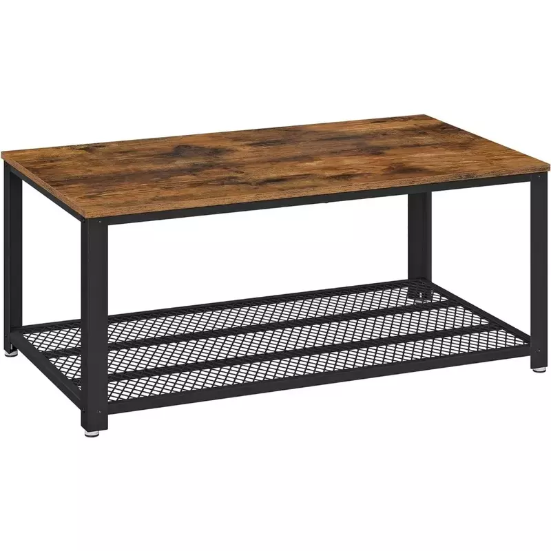 Rustykalny brązowy i czarny stół środkowy z półką z siatką stylu industrialnym stołach