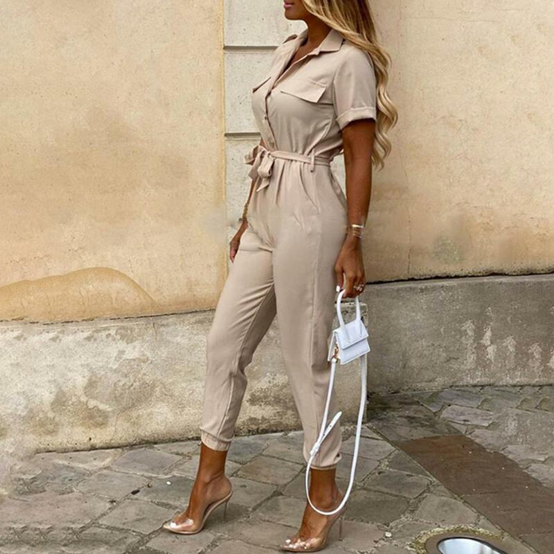 Work Jumpsuit Chic Striped Print Jumpsuit Elegant Ol Commute Style with Slim Waist Lace-up Details Ankle-banded Design for Women