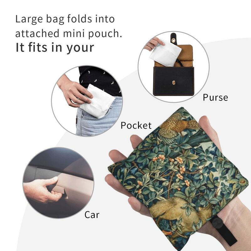 Large Reusable Pheasant And Fox William Morris Grocery Bags Recycle Foldable Shopping Eco-Friendly Bag Washable With Pouch