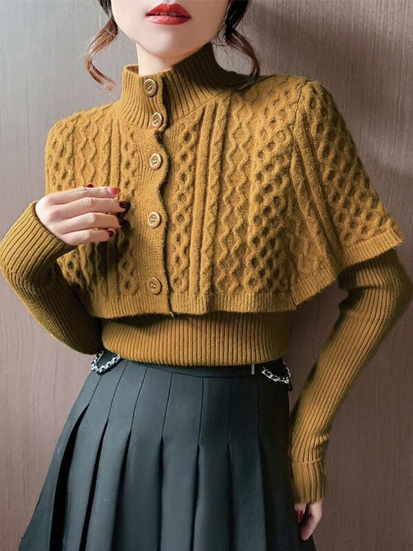 Jubah Rajutan Kerah Tiruan Tebal Retro dan Sweter Jubah Korea Ramping 2 Potong Set Atasan Sweater Hangat Wanita Pullover Kerah V Musim Gugur Musim Dingin