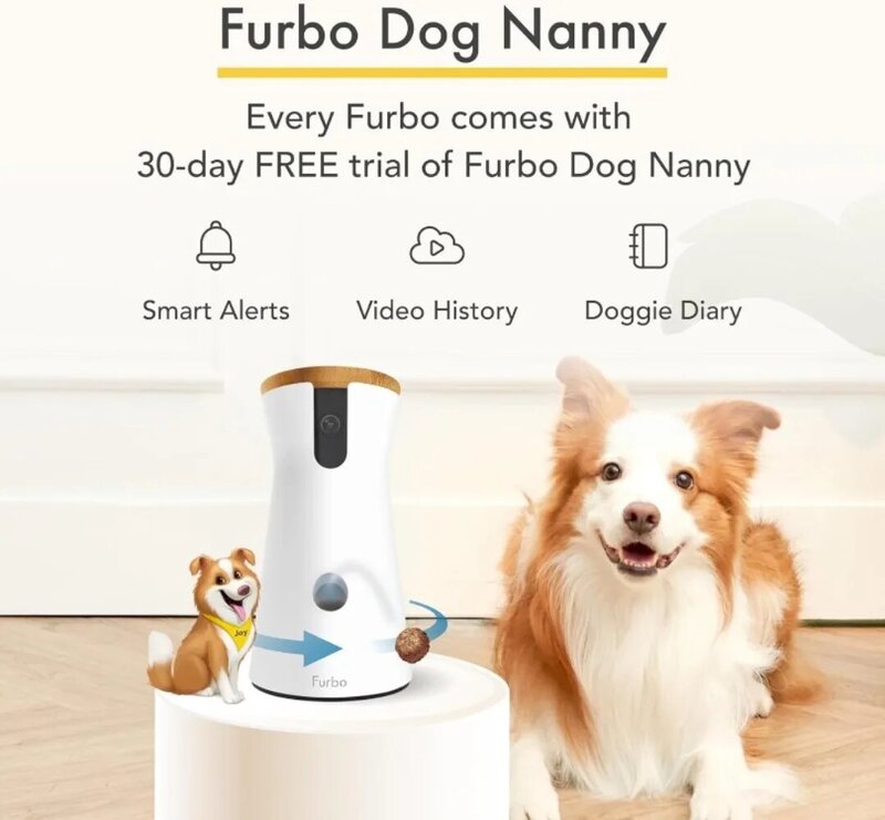 Kamera dla psa Furbo 360 °: [nowy 2022] obracający się szerokokątny kamera do nagrywania zwierząt o 360 ° z podrzucanym smakołykiem, kolorowy noktowizor, 1080p HD