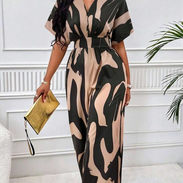 2024 New Women's Clothing Summer Women's Fashion Loose All-over Printed Bat-sleeve Wide-leg Jumpsuit