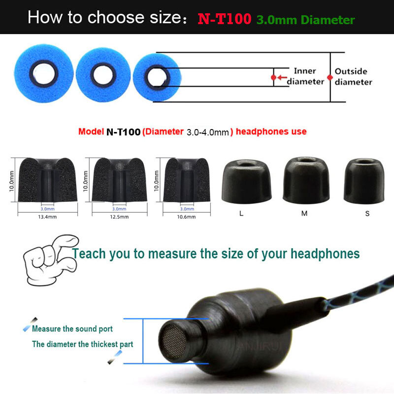 12 pares t100 3.0mm (l m s) dicas de orelha de espuma de memória para fones de ouvido in-ear 3.0mm-4.0mm acessórios de fone de ouvido